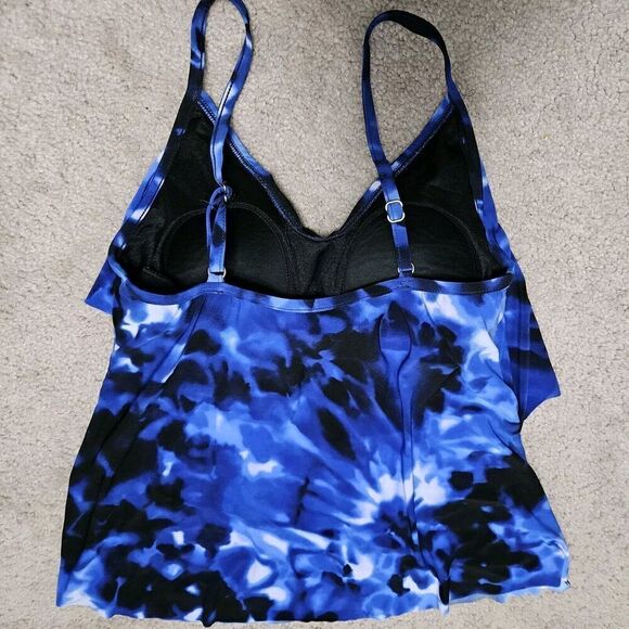 Magicsuit Tiered Tankini Swim Top Blue Tie Dyed V-Neck Bra Adjustable Size 8 - Picture 4 of 9